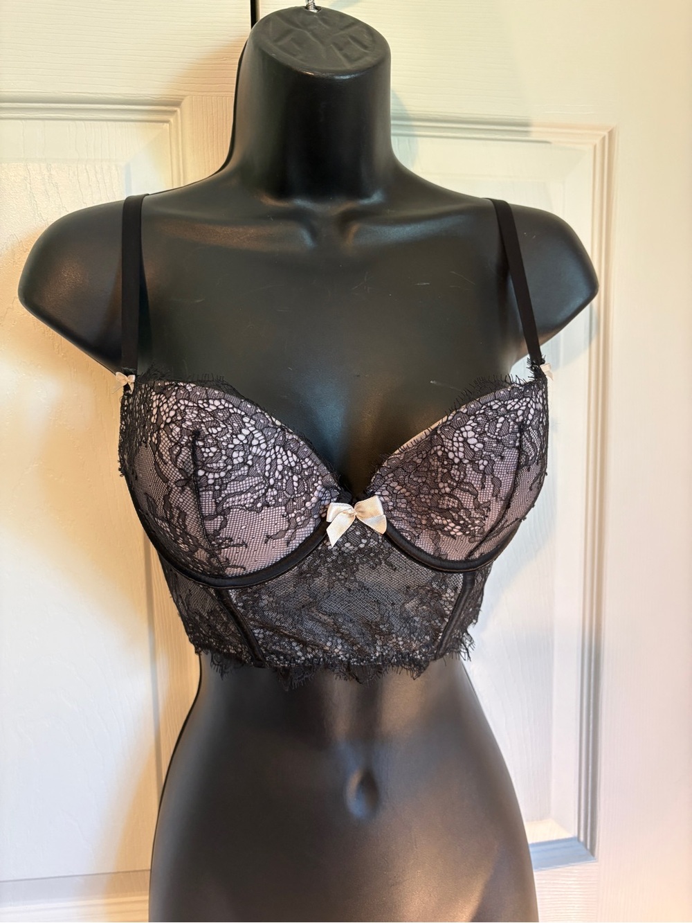 Victoria's Secret Black Lace Longline Bra with Pink Lining
